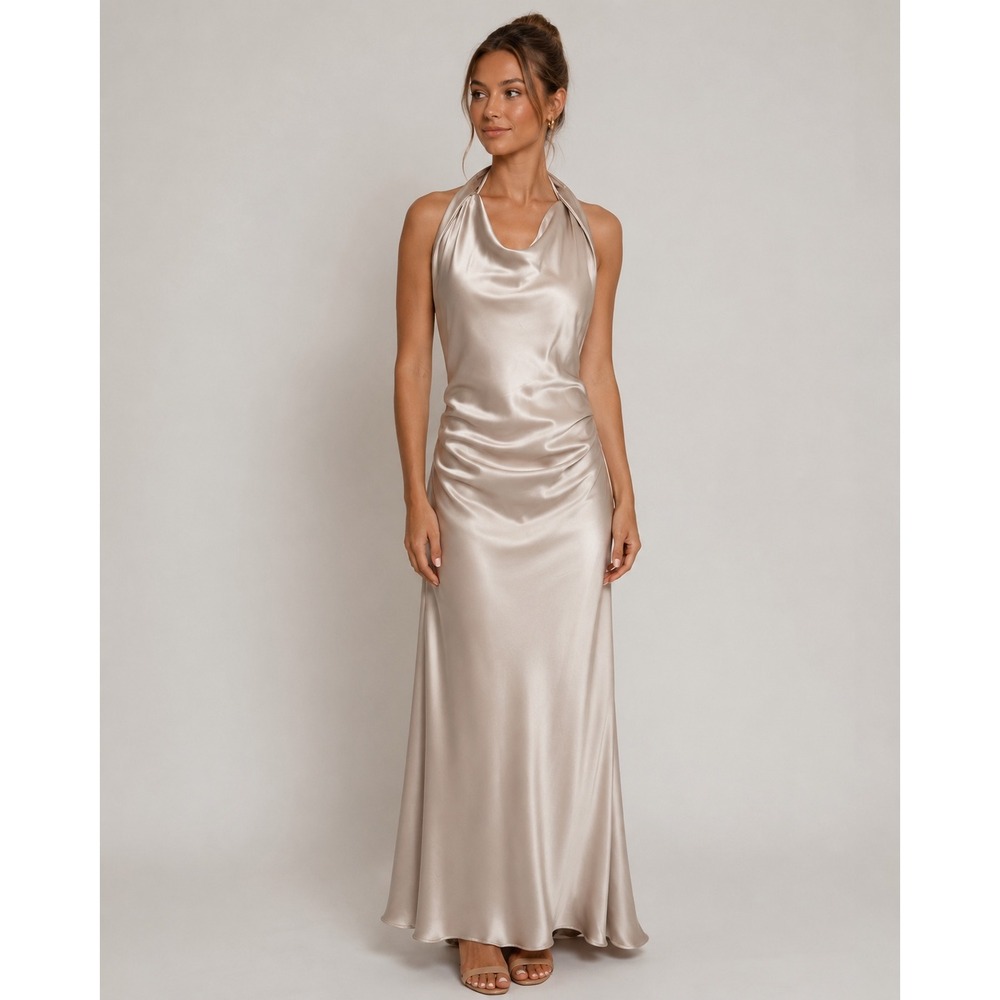 Zara Champagne Beige Satin Cowl Neck Ruched Midi Dress Womens Size XL Minimalist